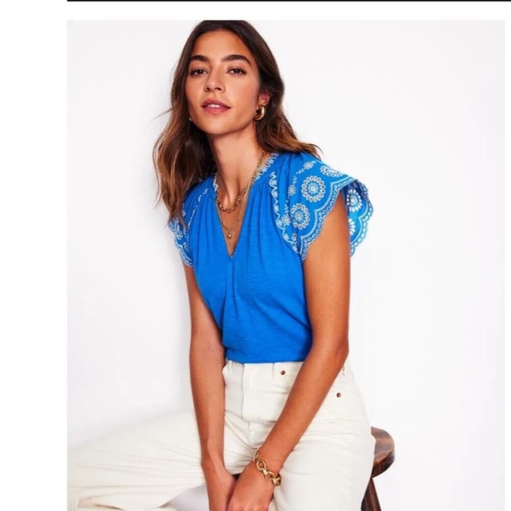 Boden Ila Broderie Sleeve Notch Top Blue 100% Cotton Eyelet V-neck Sz 12